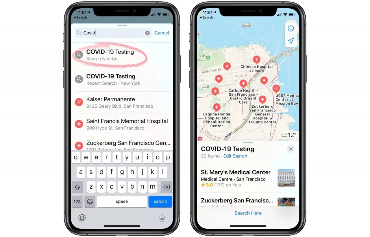 Durchsuchen Sie Apple Maps, um alle COVIDOS19-Teststationen in Ihrer Nähe anzuzeigen. 