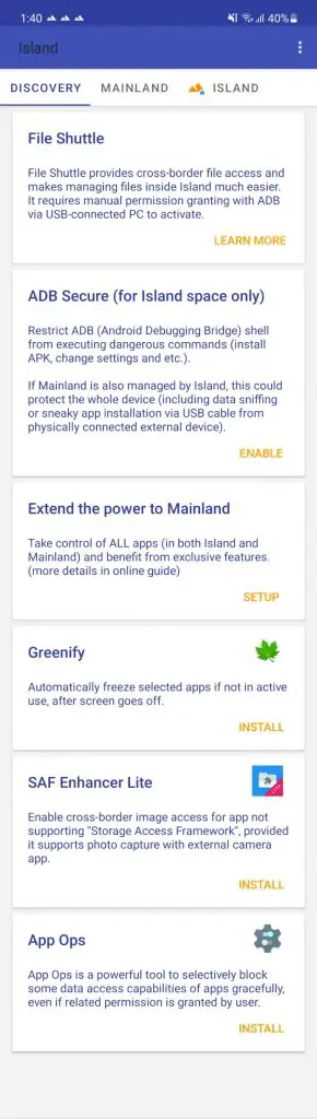 zusätzliche Funktionen Android Island Arbeitsbereich