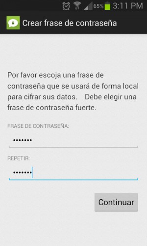 Bildschirm zum Eingeben der Passphrase in TextSecure