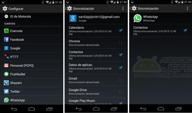 Aktivieren oder deaktivieren Sie das Anwendungskästchen, um die Synchronisierung zu aktivieren oder zu deaktivieren. Android 4.4.4, Moto G zweite Generation.