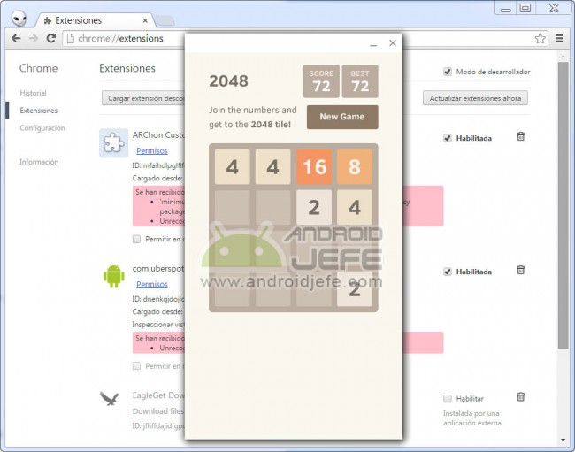 2048 Android-Spiel läuft in Google Chrome Browser