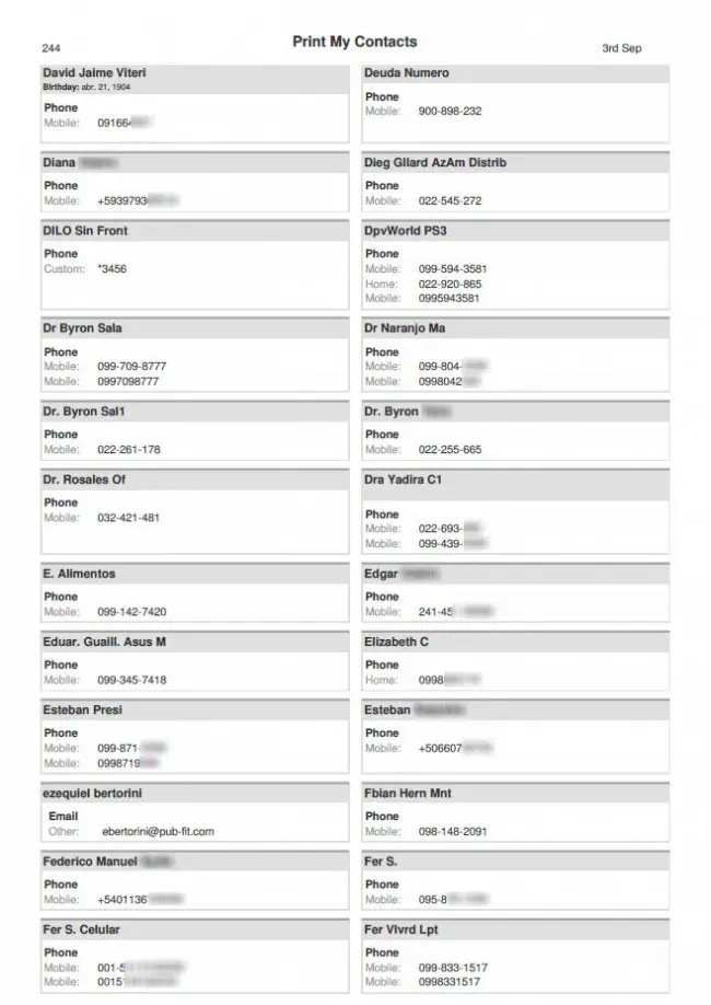 Kontaktliste im PDF, erstellt mit der Anwendung "Meine Kontakte drucken"