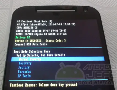 Bootloader-Modus des Motorola Moto G Zweite Generation (2014).
