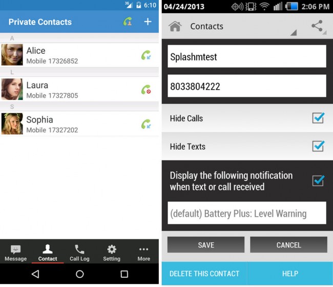 Anwendungen: Privater Raum (links) vs. Text-SMS & Anrufe ausblenden (rechts).