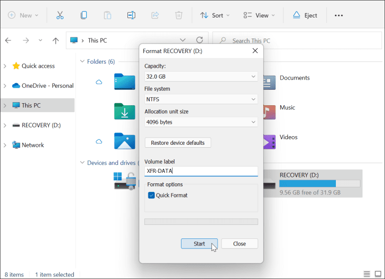 Formatieren Sie das Laufwerk aus dem Datei-Explorer.