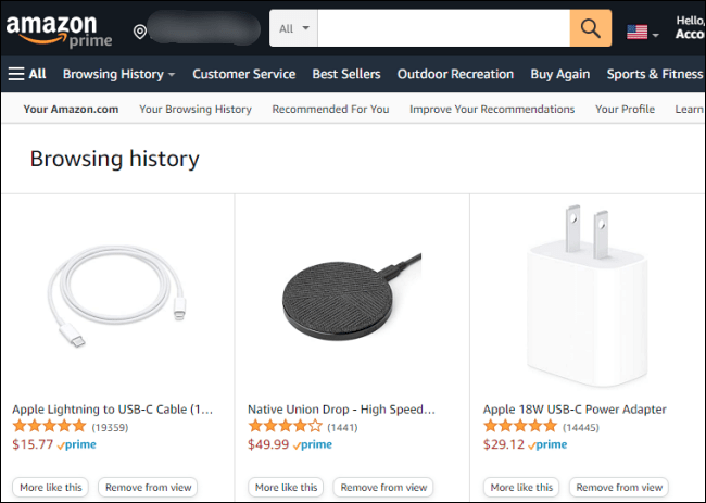 Anzeigen des Amazon-Browserverlaufs von Computern.