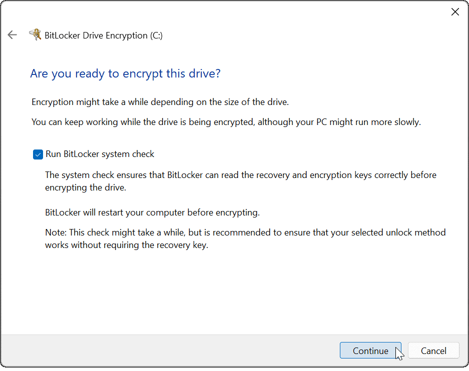 Führen Sie die Bitlocker-Systemprüfung unter Windows aus.