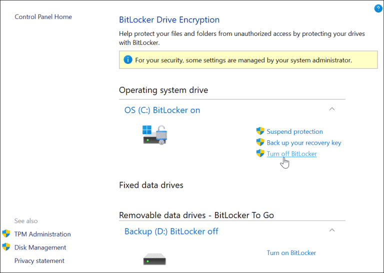 Deaktivieren Sie Bitlocker in Windows 11.