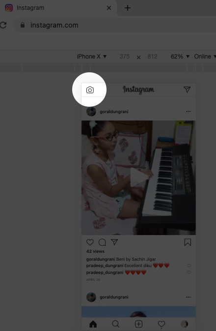 Klicken Sie auf dem Instagram Mac auf das Kamerasymbol