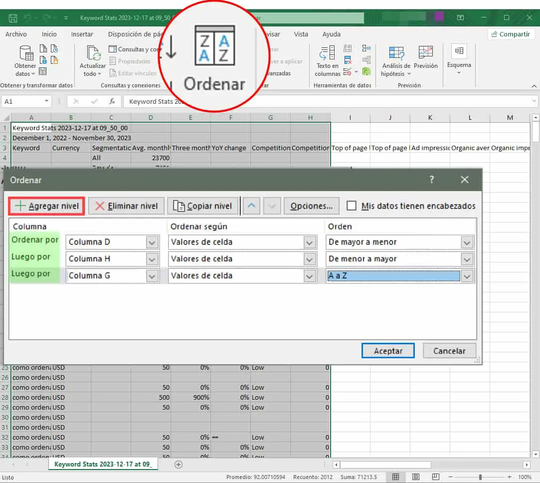 So sortieren Sie Daten in Excel aus mehreren Spalten